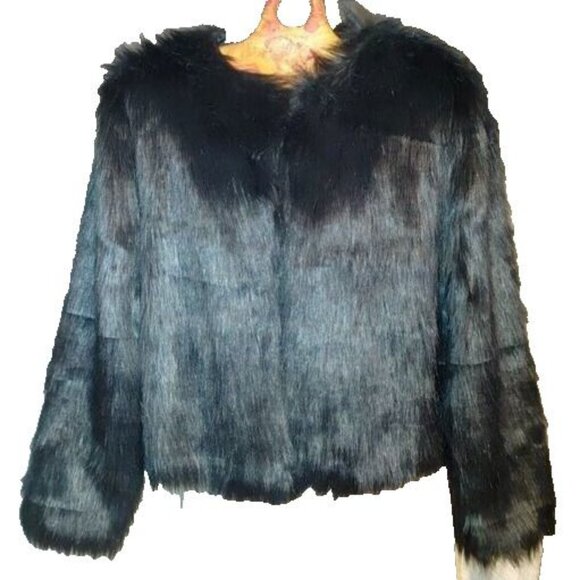 Black Faux Fur Fluffy Shaggy Coat Jacket Size Large - Picture 1 of 11